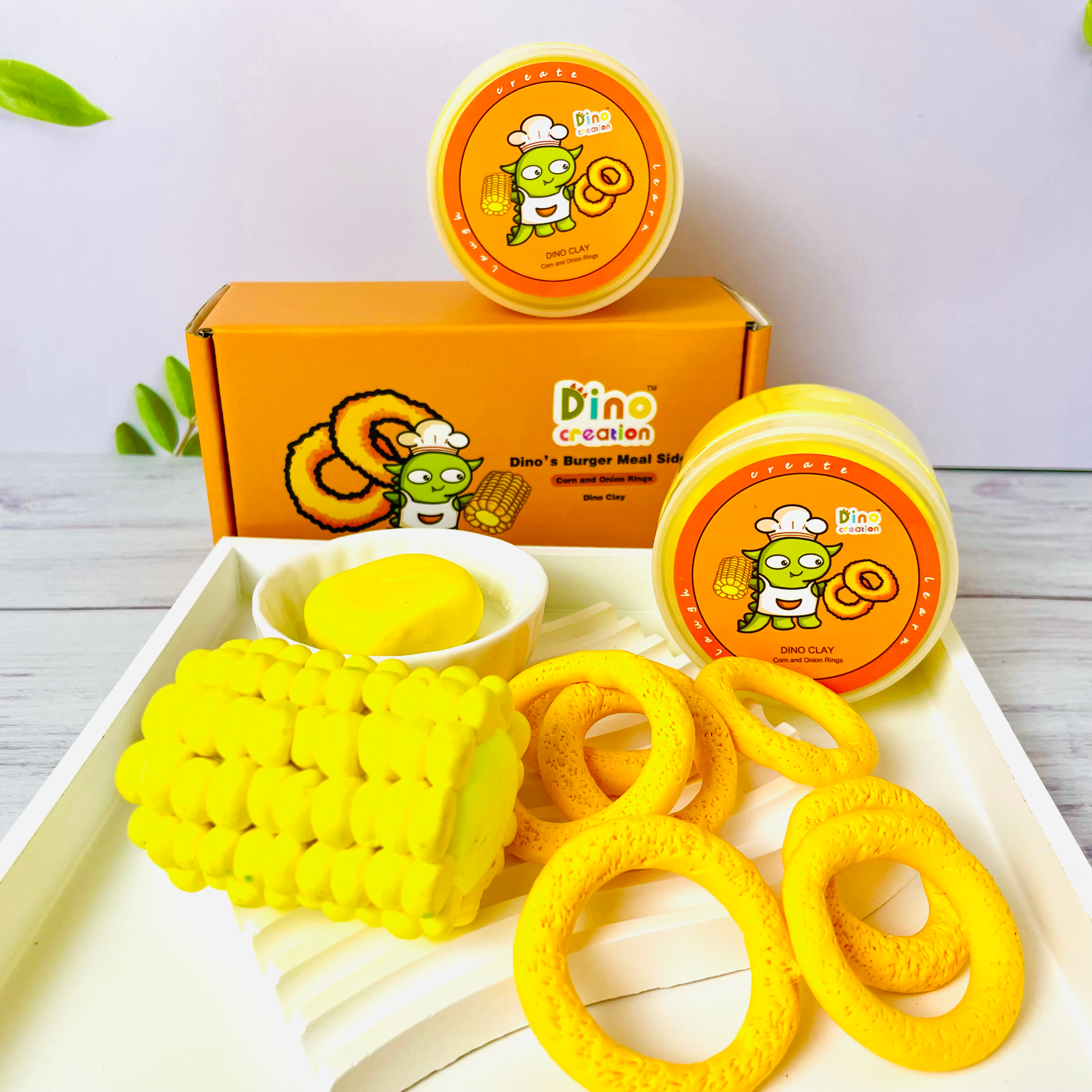 DINO CLAY - Dino’s Burger Meal Sides - Corn and Onion Rings.
